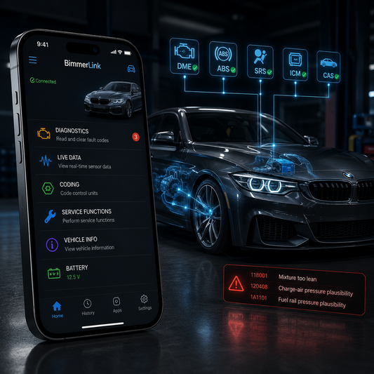 A smartphone displaying the BimmerLink automotive diagnostic app is shown in front of a dark BMW car with glowing blue technical overlays indicating vehicle systems like DME, ABS, SPS, ICM, and CAS. The scene is set in a dim garage with reflective floor lighting and a red diagnostic readout on the right. BMW Diagnostic Scan.